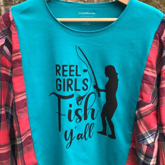 Reworked Flannel Shirt, Plus Size: Upcycled Oversized Girl Fishing T-Shirt - Picture 6 of 11